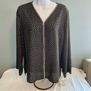 NWT Liz Claiborne Black Dot Rhinestone V Neck Long Sleeve Blouse Top Sz …